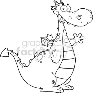 The image is a black and white line drawing of a comical, cartoon-style dragon. This whimsical dragon has a large, bulbous nose, a happy facial expression, small wings on its back, and striped patterns on its belly and tail. The dragon appears to be standing on its hind legs, with one hand extended as if waving hello.