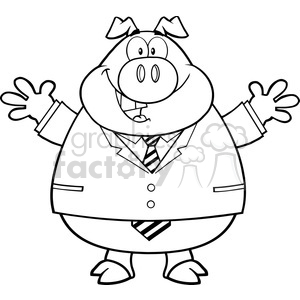 This is a black and white clipart image of a cartoon pig. The pig is standing upright on two feet, wearing a professional business suit with a collared shirt and a striped tie. It has a happy expression with its mouth open as if it were talking or smiling broadly, and it's gesturing with its hands spread out.