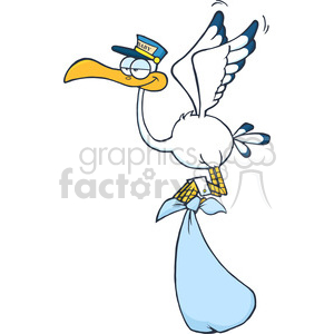 The image is a clipart of a cartoon stork in flight, carrying a baby wrapped in a blue cloth bundle with its beak. The stork is wearing glasses and a cap with the word BABY on it. It appears to be smiling and is looking to the right, suggesting motion or direction of delivery.
