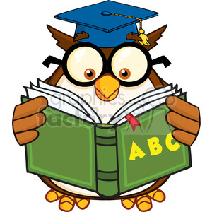 Cartoon owl wearing glasses and a graduation cap reading a book titled 'ABC'.