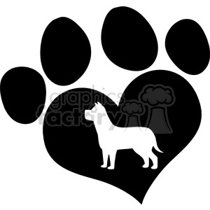 The clipart image shows a large black paw print with a heart silhouette in its center. Inside the heart, there is a white silhouette of a dog. The overall image combines the themes of love for pets, specifically a dog, and possibly includes the idea of animal tracks.