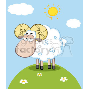 This clipart image depicts a cartoon sheep with a humorous expression. The sheep has large, exaggerated horns and is standing on a grassy hill with flowers. The background features a blue sky with fluffy clouds and a bright yellow sun.