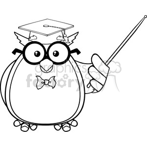 Black and white clipart of a funny owl wearing glasses and a graduation cap, holding a pointer.