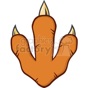 The clipart image depicts a stylized animal paw print with three toes, each tipped with a sharp claw. The use of vibrant colors and the cartoonish representation gives it a playful and fun appearance. It's reminiscent of a dinosaur or raptor footprint due to the clawed toes, although it's portrayed in a manner more suitable for children's illustrations or lighthearted content due to its non-realistic style.