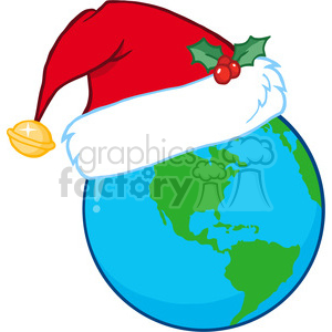 Clipart image of Earth wearing a Santa hat with holly and a golden bell decoration.