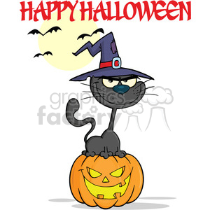 Royalty Free RF Clipart Illustration Halloween Black Cat With A Witch Hat On Pumpkin Cartoon Character And Text