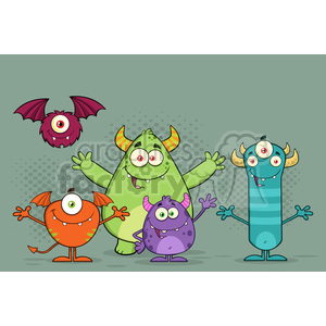 8939 Royalty Free RF Clipart Illustration Happy Funny Monsters Cartoon Characters Vector Illustration With Background