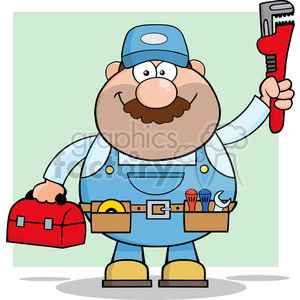 8536 Royalty Free RF Clipart Illustration Mechanic Cartoon Character With Wrench And Tool Box Vector Illustration With Background