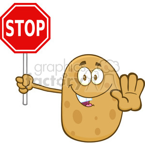   8796 Royalty Free RF Clipart Illustration Potato Cartoon Character Holding A Stop Sign Vector Illustration Isolated On White 