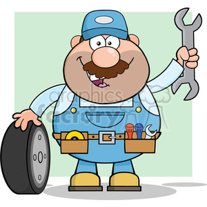 8554 Royalty Free RF Clipart Illustration Smiling Mechanic Cartoon Character With Tire And Huge Wrench Vector Illustration With Background