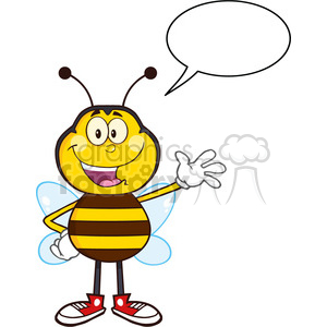 8374 Royalty Free RF Clipart Illustration Happy Bee Cartoon Mascot Character Waving Vector Illustration Isolated On White With Speech Bubble