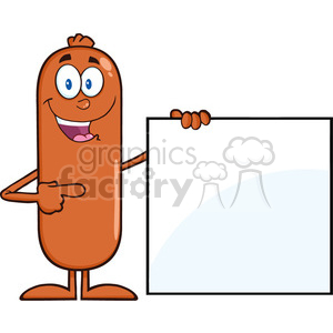 8488 Royalty Free RF Clipart Illustration Sausage Cartoon Character Pointing To A Blank Sign Vector Illustration Isolated On White