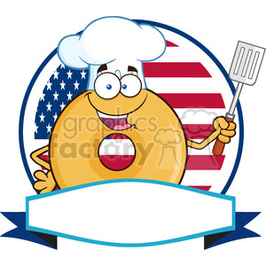 8653 Royalty Free RF Clipart Illustration Chef Donut Cartoon Character Over A Circle Blank Banner In Front Of Flag Of USA Vector Illustration Isolated On White