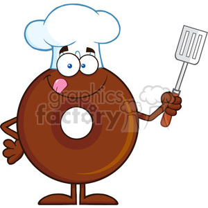   8710 Royalty Free RF Clipart Illustration Chocolate Chef Donut Cartoon Character Holding A Slotted Spatula Vector Illustration Isolated On White 