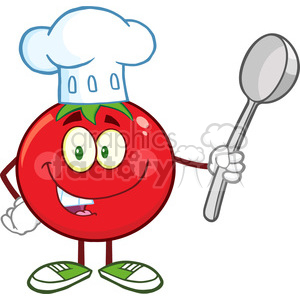 8388 Royalty Free RF Clipart Illustration Tomato Chef Cartoon Mascot Character Holding A Spoon Vector Illustration Isolated On White