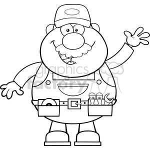 8521 Royalty Free RF Clipart Illustration Black And White Smiling Mechanic Cartoon Character Waving For Greeting Vector Illustration Isolated On White