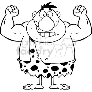   8420 Royalty Free RF Clipart Illustration Black And White Smiling Caveman Cartoon Character Flexing Vector Illustration Isolated On White 