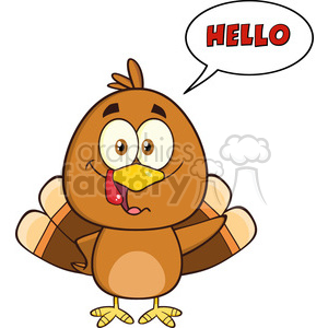 A cartoon turkey with a speech bubble saying 'Hello', representing a fun Thanksgiving theme.