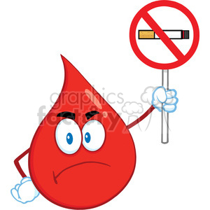Royalty Free RF Clipart Illustration Angry Red Blood Drop Cartoon Mascot Character Holding up A No Smoking Sign