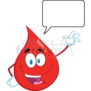 A happy cartoon blood drop character with a smiling face and arms, featuring a blank speech bubble.