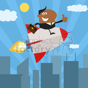 8344 Royalty Free RF Clipart Illustration African American Manager Flying Over City And Giving Thumb Up Flat Style Vector Illustration