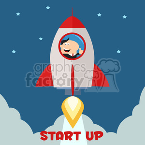 8332 Royalty Free RF Clipart Illustration Manager Launching A Rocket To The Sky And Giving Thumb Up Flat Style Vector Illustration