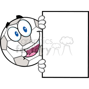 Royalty Free RF Clipart Illustration Happy Soccer Ball Cartoon Character Looking Around A Blank Sign