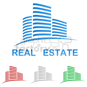 Clipart image of real estate logo showing a stylized high-rise building in blue, with the text 'REAL ESTATE' below it. Three smaller versions of the logo in red, gray, and green are also present.