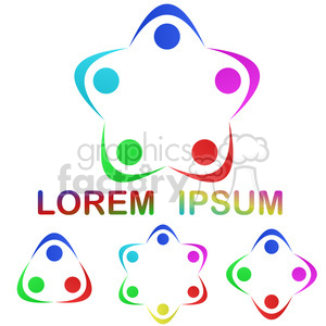 A clipart image featuring a colorful star-like shape with nodes at each point in various colors including blue, green, red, and magenta. Below the main star shape is the text 'LOREM IPSUM' in a gradient rainbow color. Additionally, there are three smaller variations of the star shape with similar color schemes at the bottom.