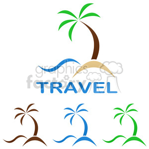 A travel-themed clipart image featuring multiple variations of a palm tree with waves and the word 'TRAVEL' in bold capital letters.