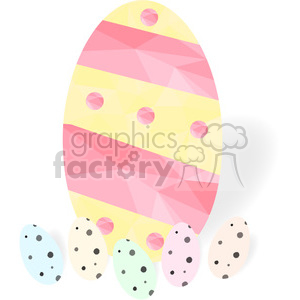 A festive clipart image featuring a large, colorful Easter egg with pink and yellow stripes and polka dots, surrounded by smaller pastel-colored eggs with black spots.