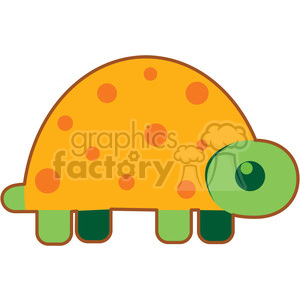   This clipart image depicts a cartoonish, stylized turtle. The turtle has an orange shell with yellow spots, a green head and limbs, and a simple, circular eye. 