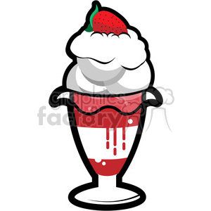 Clipart image of an ice cream sundae with whipped cream and a strawberry on top, in a tall glass with strawberry syrup.