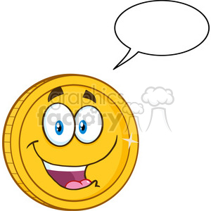   This clipart image depicts a cartoon-styled coin with an anthropomorphized happy face. The face has large, excited eyes, a smiling mouth showing a tongue, and a solitary sparkle indicating shine or reflection, typically used to suggest the coin