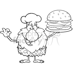 A cartoon caveman wearing a chef's hat and holding a large hamburger, drawn in a humorous comic style.