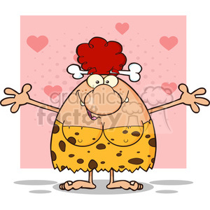 A cartoon illustration of a happy cavewoman with a red bone in her hair and wearing a spotted yellow dress, surrounded by hearts on a pink background.