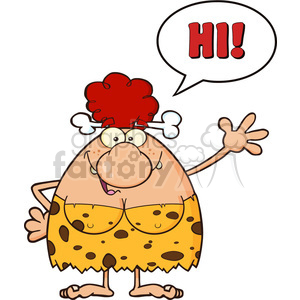 A cartoon cavewoman with red hair, wearing a yellow spotted dress and a bone in her hair, waving and saying 'Hi!' in a speech bubble.