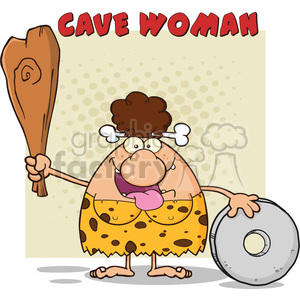 A humorous cartoon of a cavewoman holding a wooden club and stone wheel, with wild hair and animal print clothing.