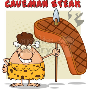 smiling brunette cave woman cartoon mascot character holding a spear with big grilled steak vector illustration with text caveman steak