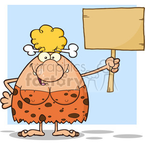 A cartoon illustration of a cavewoman with a bone in her hair, wearing a spotted dress, and holding a blank sign.