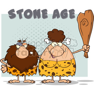 caveman couple cartoon mascot characters with brunette woman holding a club and text stone age vector illustration with text stone age