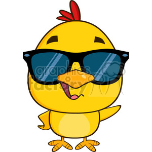 royalty free rf clipart illustration cute yellow chick cartoon character wearing sunglasses and waving vector illustration isolated on white