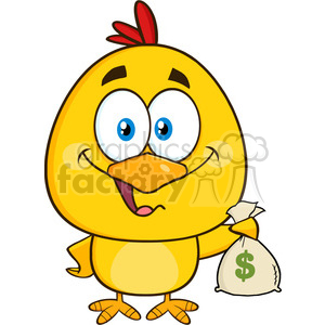 royalty free rf clipart illustration yellow chick cartoon character holding money bag vector illustration isolated on white