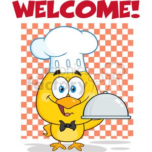   royalty free rf clipart illustration happy chef yellow chick cartoon character holding a cloche platter under welcome vector illustration isolated on white 