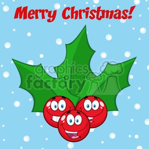 Festive clipart image featuring smiling red berries with green holly leaves and the phrase 'Merry Christmas!' on a snowy blue background.