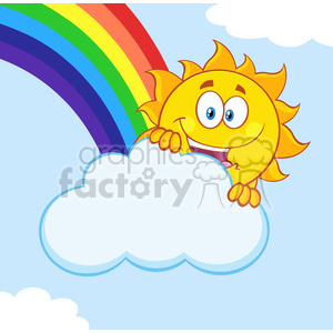 royalty free rf clipart illustration happy summer sun mascot cartoon character hiding behind cloud with rainbow vector illustration with background
