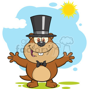 A cheerful cartoon groundhog wearing a top hat and bow tie, standing under a sunny sky, symbolizing Groundhog Day.