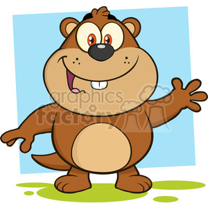 This cartoon shows a happy marmot (groundhog) cartoon character waving at you, with a blue background and bits of grass under foot