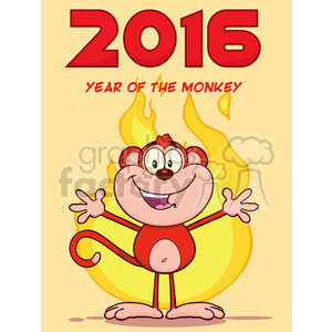 A cheerful cartoon monkey standing in front of a stylized flame, with the text '2016 Year of the Monkey' above.