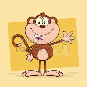 A cheerful cartoon monkey standing and waving with a big smile.